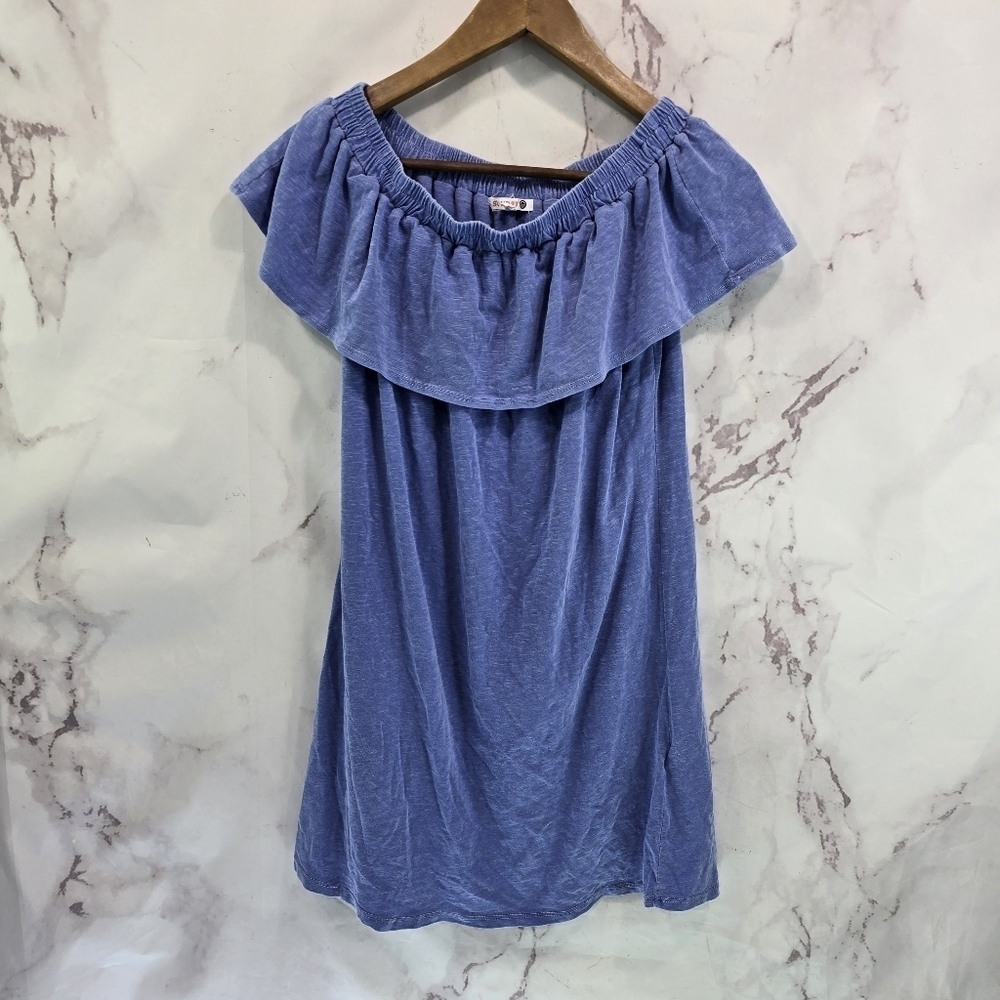 Sundry Dress Womens 0 XS Blue Mini Off Shoulder Cover Up Stretch Knit Flounce